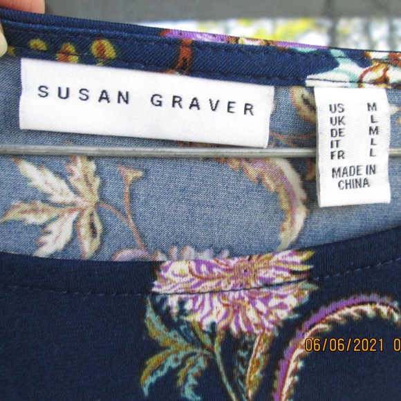 Susan Graver Floral Pattern Liquid Knit 3/4 Sleeve Tunic Top - M Navy Purple - Picture 2 of 4